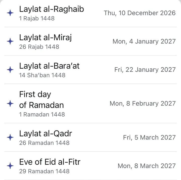 The Holy days list in Sahaar’s Calendar tab, Diyanet Hijri calendar: Laylat al-Raghaib on 10 December 2026, Laylat al-Miraj on 4 January 2027, Laylat al-Bara’at on 22 January 2027, the first day of Ramadan on 8 February 2027, Laylat al-Qadr on 5 March 2027 and the eve of Eid al-Fitr on 8 March 2027, each with its Hijri and Gregorian date.
